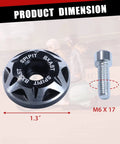 Top Shelf M6 License Plate Screws 12 Piece Kit Slick Black CNC Machined Aluminum Alloy Car Truck Motorcycle Heavy Duty Rust Proof Replacement Fasteners Set with dimensions and screw details.