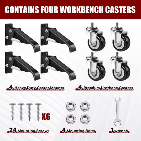 Retractable Workbench Casters Kit For Heavy Duty Benches 600 Lbs Capacity with caster mounts and screws