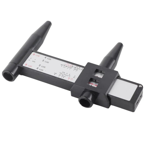 Slick Sliding Rim Gauge for Instant Bolt Pattern Readouts, black polymer, measures 4 to 8 lug wheels, compact 18x12x2.5cm.