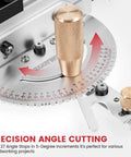 Slick Brass Handle Miter Gauge With Smooth Roll Track Stops And Solid Build Box Joint Jig, detail of precision angle cutting feature.