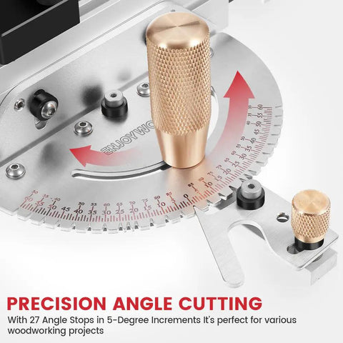 Slick Brass Handle Miter Gauge With Smooth Roll Track Stops And Solid Build Box Joint Jig, detail of precision angle cutting feature.