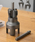 Pipe Threading Cutter Tool Set With Hex Shank, 6.35mm Portable Threader For 1/2 NPT Pipes - Deburring Steel Core, Clean Burr-Free Threads, Leakproof Results, Ideal For Renovation, Maintenance, And DIY Plumbing. Pipe threading cutter with hex shank and steel core on a wooden table.
