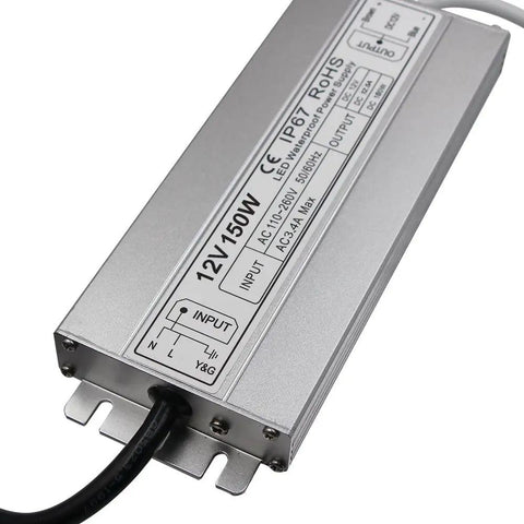 Outdoor LED Driver 12V DC 150W Power Supply IP67 Waterproof Transformer With Slim Durable Case And US Three Prong Plug