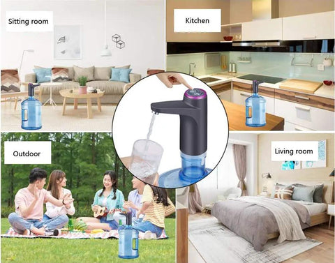 5 Gallon Water Bottle Pump for Easy Dispensing installed in various home settings including sitting room and kitchen
