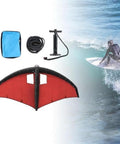 Inflatable Wing Surfing Kit For Foil Kitesurfing And Wind Foil with red canopy, pump, bag, and surfer riding a wave