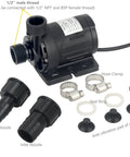 Rugged Dc Twelve Volt Submersible Water Pump For Hot Water Circulation Smooth Operator Motor with nozzles and hose clamps.