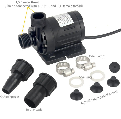 Rugged Dc Twelve Volt Submersible Water Pump For Hot Water Circulation Smooth Operator Motor with nozzles and hose clamps.