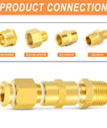 Six Piece Brass Pipe Fittings Set With Hex Bushings And Reducer Adapters; components shown separated