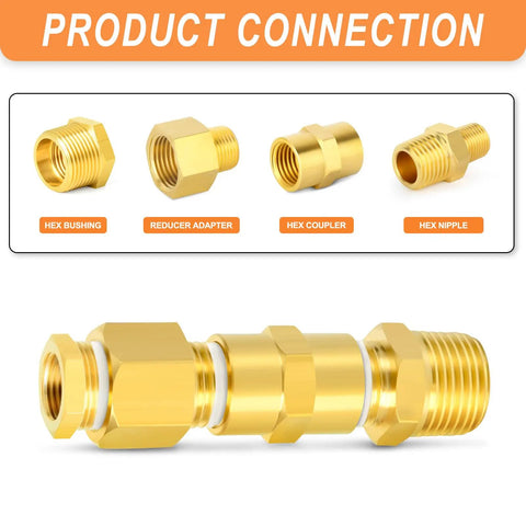 Six Piece Brass Pipe Fittings Set With Hex Bushings And Reducer Adapters; components shown separated