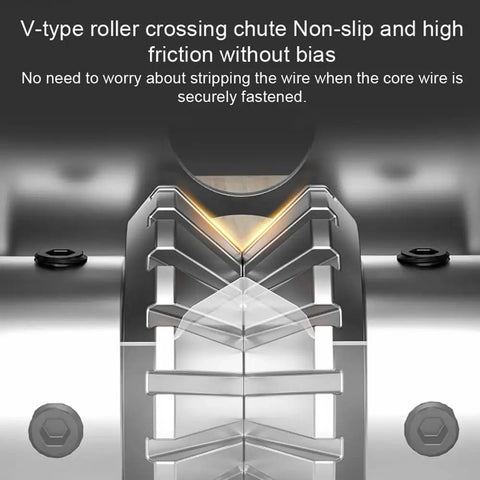 Close-up of V-type roller crossing chute of Portable Wire Stripper Tool For Home Use 1 To 25mm Cable Manual Stripping Machine.