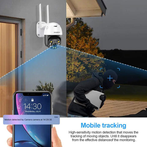 5MP PTZ WiFi Outdoor Security Camera With Color Night Vision and motion detection tracking intruder at night