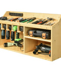Wall-mounted power tool organizer and storage cabinet with wooden drill charging station, three shelves, tools neatly organized.