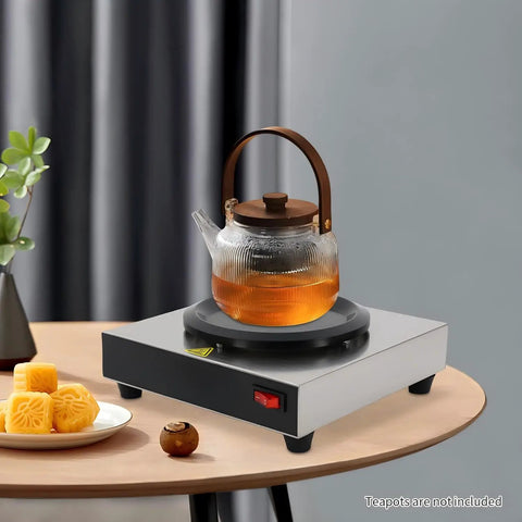 Straight Up Coffee Pot Warmer Hot Plate Keeping Daily Brews And Teas Properly Toasty With Reliable Eighty Watt Steady Heat For Kitchen Counters Or Office Desks Smooth Vibes For Kickback Gatherings And Cafes with a glass teapot.