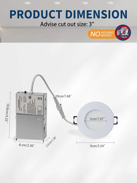 6 Inch LED Recessed Slim Canless Ceiling Lights With Junction Box IC Rated ETL 12W 1027LM dimensions diagram