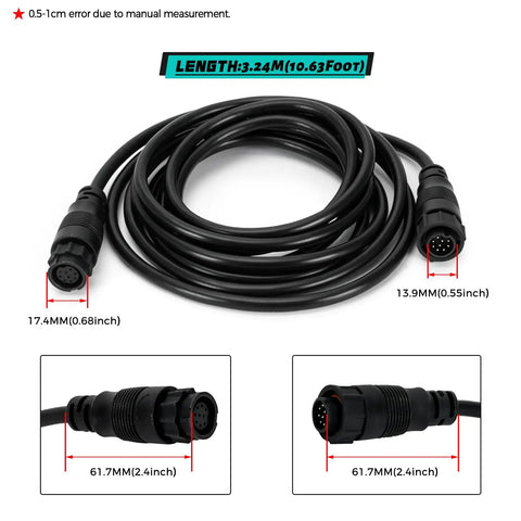 Top Shelf Beefy 10 Ft 9 Pin Transducer Extension Cord Marine Grade waterproof cable details with connectors and dimensions.