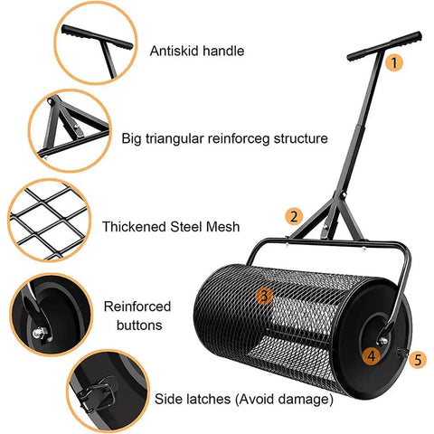 27 Inch Compost Spreader and Lawn Roller for Garden Care, showing T shaped handle, steel mesh, and reinforced structure