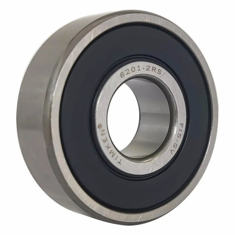 Close-up of 2 Pack 6201 2RS Deep Groove Ball Bearings 12x32x10mm with double rubber seals and metallic finish.