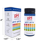 All-Purpose pH Test Strips 0-14, 100 Count packaging and bottle with color chart, dimensions 4.4x1.81x1.81 inches