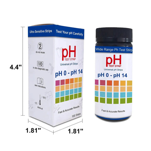 All-Purpose pH Test Strips 0-14, 100 Count packaging and bottle with color chart, dimensions 4.4x1.81x1.81 inches