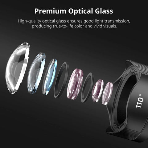 Exploded view of premium optical glass elements in Phone Macro Lens With 10x Optical Magnification And 75mm Focal, 17mm Thread, close-up.