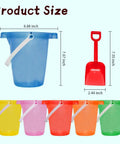 Six Piece Beach Buckets and Shovels Set for Kids, 7.6 Inch Pails and Shovels, multicolored buckets with red shovel shown