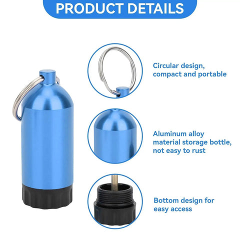 Mini Scuba Tank Key Ring Kit with aluminum alloy frame, detailed view showing circular design and bottom access feature.