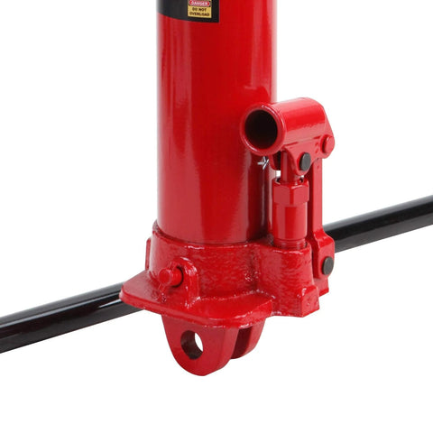 Red hydraulic long-ram floor jack side view showing clevis base and pump lever.