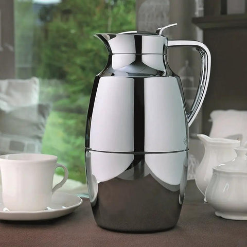 One Hand Pour Glass Vacuum Carafe 1 Liter Capacity With Chrome Plated Brass Thermal Dispenser Keeps Coffee Hot 12 Hours Cold 24 Hours