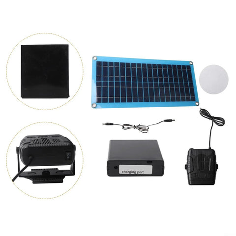 Rugged Portable Solar Heater For Dog Kennels Chicken Coops And Mini Greenhouses showing solar panel, charger, and blower components.
