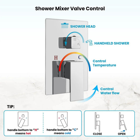 Diagram showing control panel for 12 Inch Shower Faucet Set With Slide Bar, Rain Shower Head And Handheld Spray in polished chrome finish