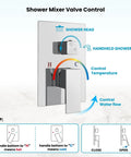 Diagram of shower mixer valve control for All In One Ceiling Mount Shower System with instructions on water flow and temperature.