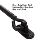 8 Inch Heavy Duty Barn Door Hook And Eye Latch, solid extra thick sliding door lock in black finish, close-up view