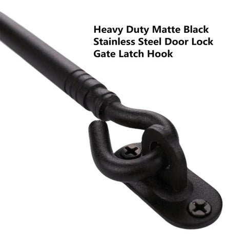 8 Inch Heavy Duty Barn Door Hook And Eye Latch, solid extra thick sliding door lock in black finish, close-up view