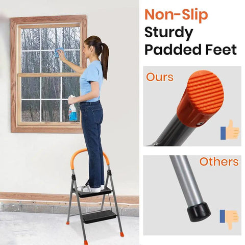 Person using 2 Step Folding Step Stool Ladder With 330Lb Heavy Duty Steel Frame, Anti Slip Wide Pedals And Cushioned Handgrip indoors
