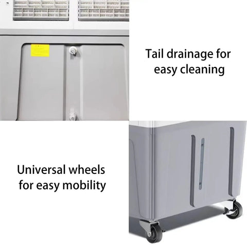Portable Evaporative Air Cooler With Four Freezing Ice Packs And Spacious Water Tank Kicks Serious Heat For Bedroom Home Office And keeps your space cool as butter daily, showing drainage and mobility features.