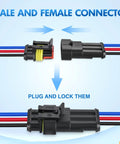 3 Pin Waterproof Electrical Wire Connectors Kit for automotive vehicles, showing male and female quick disconnect plug sockets.
