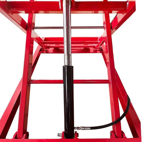 Hydraulic mechanism of Heavy Duty 1500 Lb Motorcycle Lift With Side Extension, Pedal Hydraulic Pump, rugged steel construction, garage use