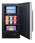Prime 18 Inch Stainless Steel Upright Freezer For Tiny Cribs And Micro Kitchens Offering Flex Design For Built In Or Freestanding Setup Digital Thermostat With Lock Down Security To Protect Your Chill Stash And Adjustable Chrome Shelving showcasing gelato containers on adjustable shelves.