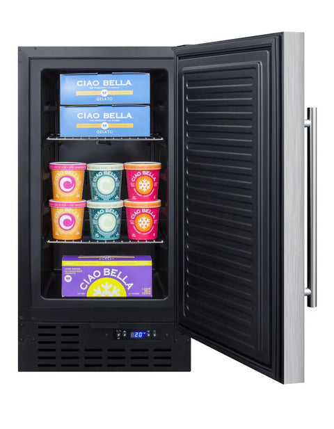 Prime 18 Inch Stainless Steel Upright Freezer For Tiny Cribs And Micro Kitchens Offering Flex Design For Built In Or Freestanding Setup Digital Thermostat With Lock Down Security To Protect Your Chill Stash And Adjustable Chrome Shelving showcasing gelato containers on adjustable shelves.