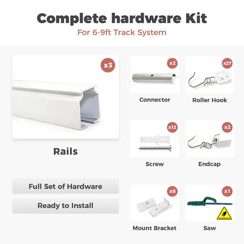 Complete hardware kit for Durable Aluminum Curtain Track Rod Set With Hooks, No Fuss Adjustable 6Ft To 9Ft Length.