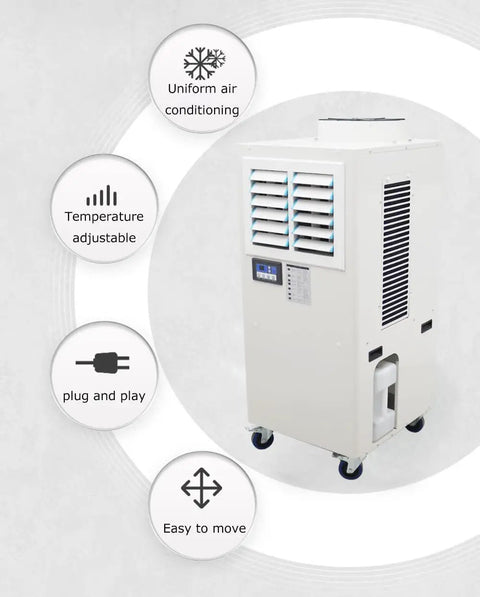 Rugged Portable Industrial Air Conditioner Loaded With A Massive Water Reservoir And Heavy Duty Caster Wheels Commercial Spot Cooler with adjustable temperature.