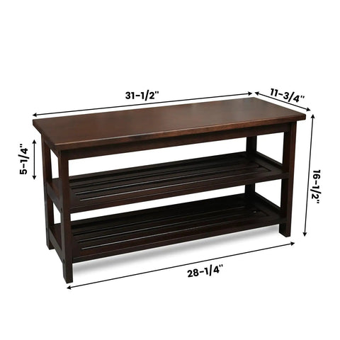 Sturdy Hickory Wood Shoe Bench With Massive Storage For Entryway And Mudroom Indoor Outdoor Ready Front Door Organizer USA Grown Hardwood Dark Walnut Finish Solid Top And Bottom Shelves with dimensions labeled.