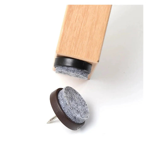 Adjustable Screw In Furniture Leg Levelers 24 Pack with brown rounded base, shown attached to wood leg and loose piece.