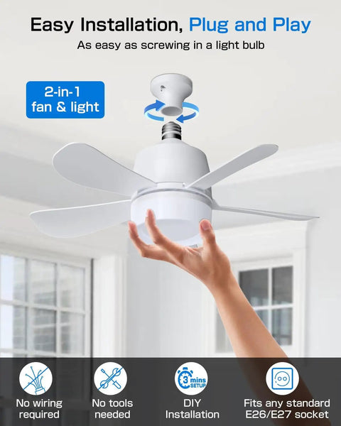 All-In-One Socket Fan Light Ceiling Fan With Remote, 16-Inch Ultra Quiet 5-Blade Fixture, 1000LM LED, hand installing in socket