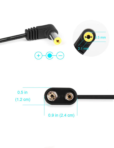 9V Battery Clip Converter Cable For Guitar Effects Pedals With 5.5mm Outer And 2.1mm Inner Plug Negative Center, close-up view