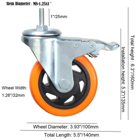 Hella Smooth 4 Inch Pvc Stem Caster Wheels With Dual Locking Brake Heavy Duty Silent Rollers showing dimensions and detailed features.