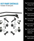 Front Steering And Suspension Kit 12 Piece With Inner Drag Link Inner Tie Rod Outer Tie Rods Sway Bar Links Upper And Lower Ball Joints And Adjusting Sleeves For A Smooth Ride And Rugged Handling, kit parts laid out