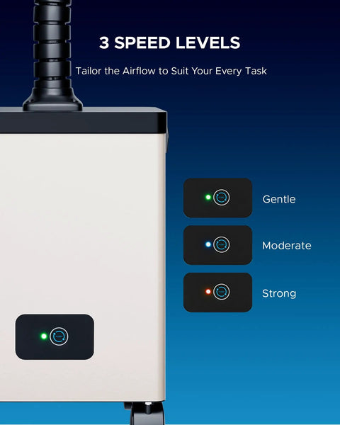 Smooth Rolling Heavy Duty Fume Extractor With Three Stage Air Filter And Killer Eighty Watt Motor showing three speed levels for user control.