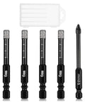 Front view of a 5-piece 6mm dry diamond drill bit set for tile and stone with a white plastic storage case
