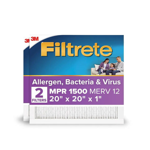 20x20x1 Air Filter MERV 12 With MPR 1500 Two Pack Pleated Electrostatic HVAC Filter For Home Use package front view